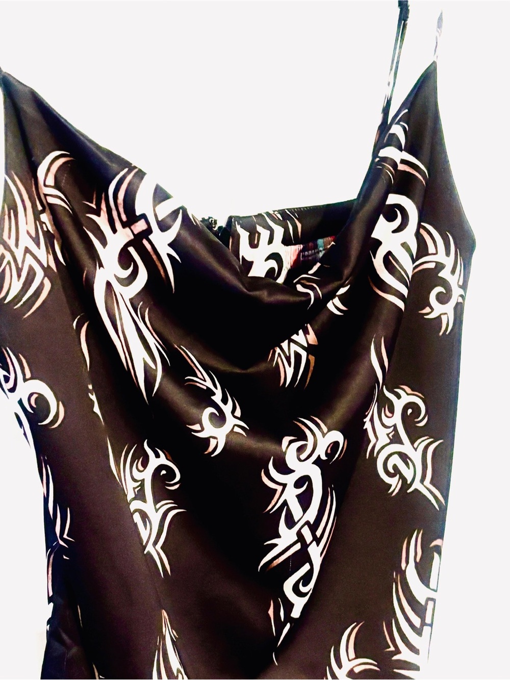 UO Mallory Cowl Slip Dress Mini dress- New Black Satin Flame Tribal Design Sz L - Picture 8 of 9